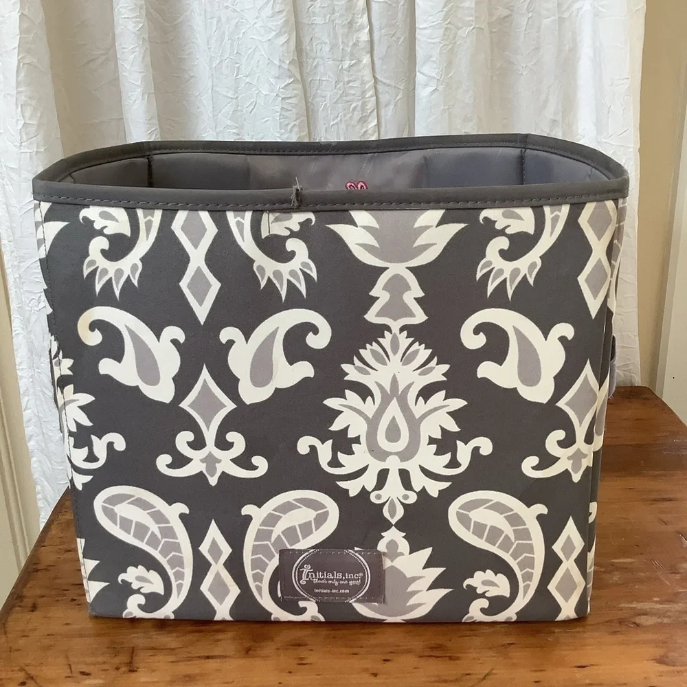 Initials Inc Gray White Paisley Pink Embroidery MAIL Tote Basket